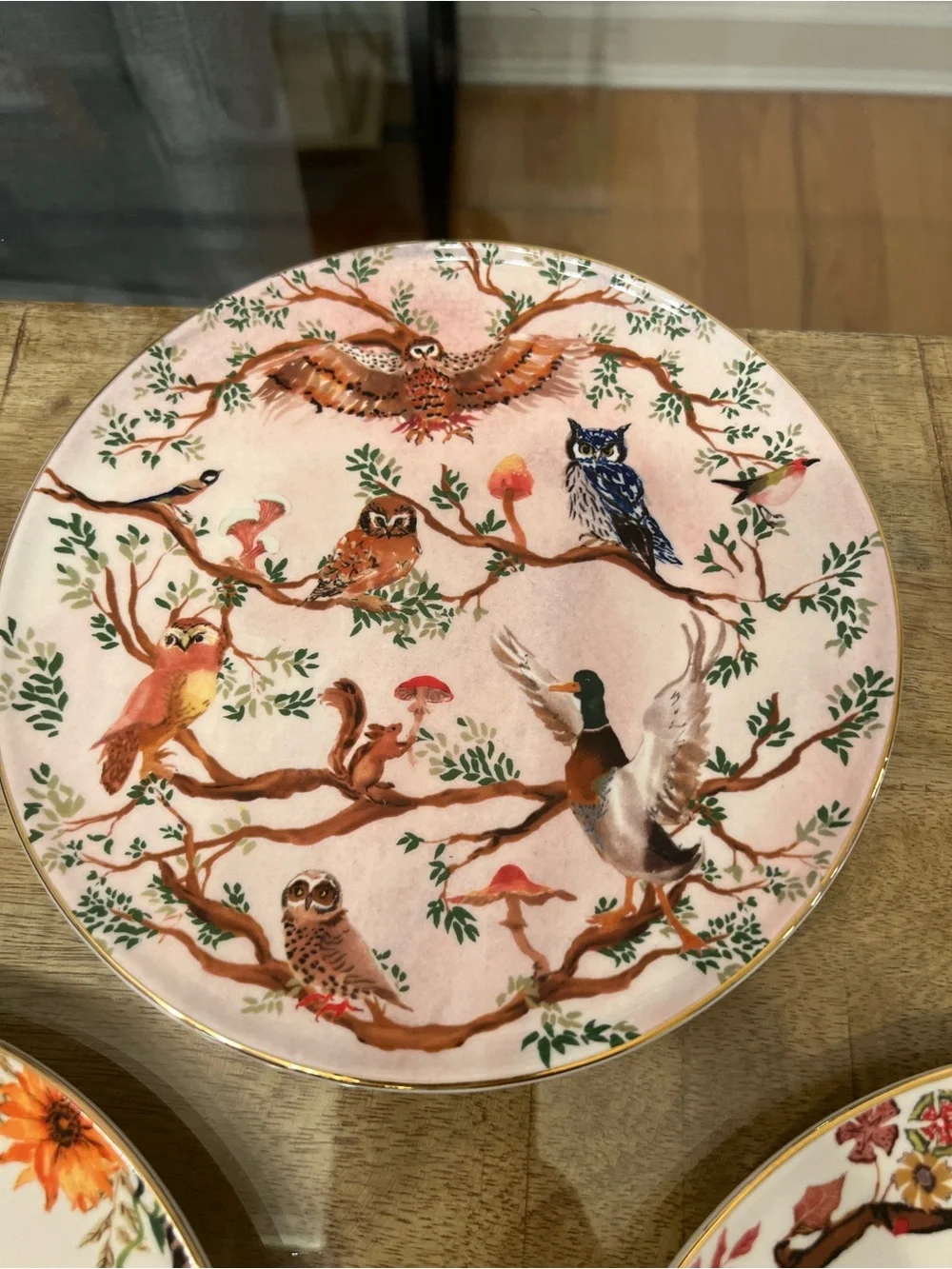 Anthropologie Inslee Fariss Autumn's Bounty Side Plate - Pink Owl Bird Squirrel